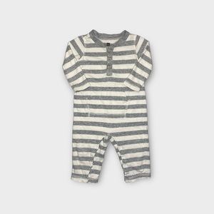 Tea Collection Kangaroo Pocket Gray Stripe Romper